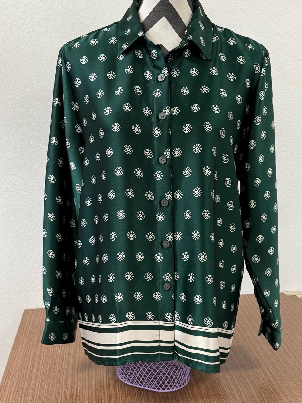 LOFT Forest Green Printed Button-Down Blouse